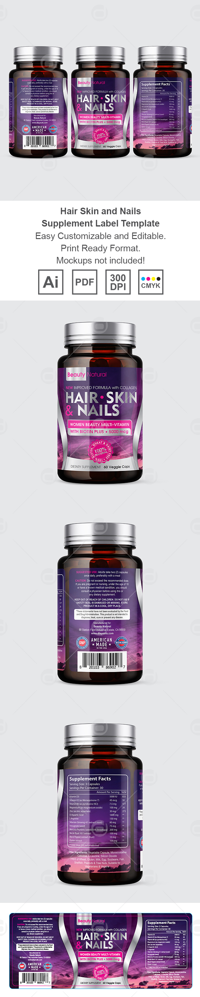 Hair, Skin & Nails Supplement Label Template