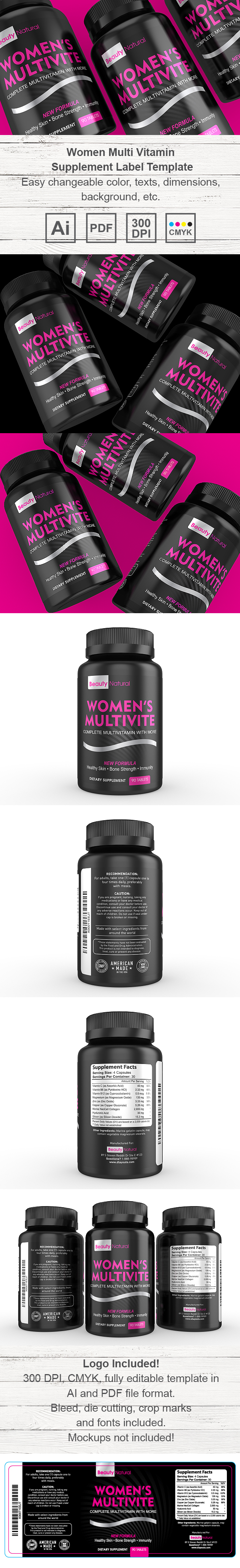 Women's Multi Vitamin Supplement Label Template
