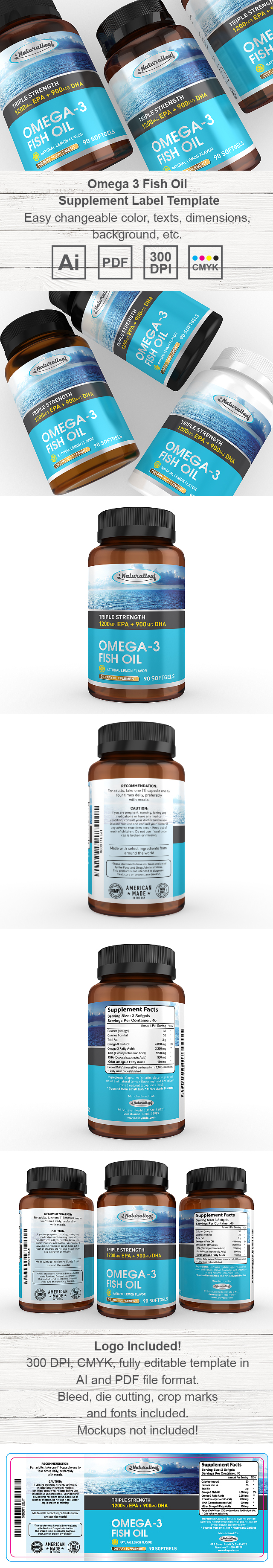 Omega-3 Fish Oil Lemon Flavor Supplement Label Template