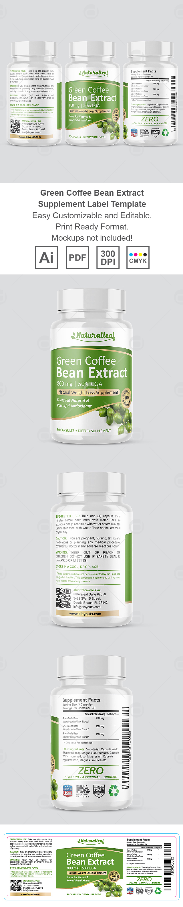 Green Coffee Bean Extract Supplement Label Template