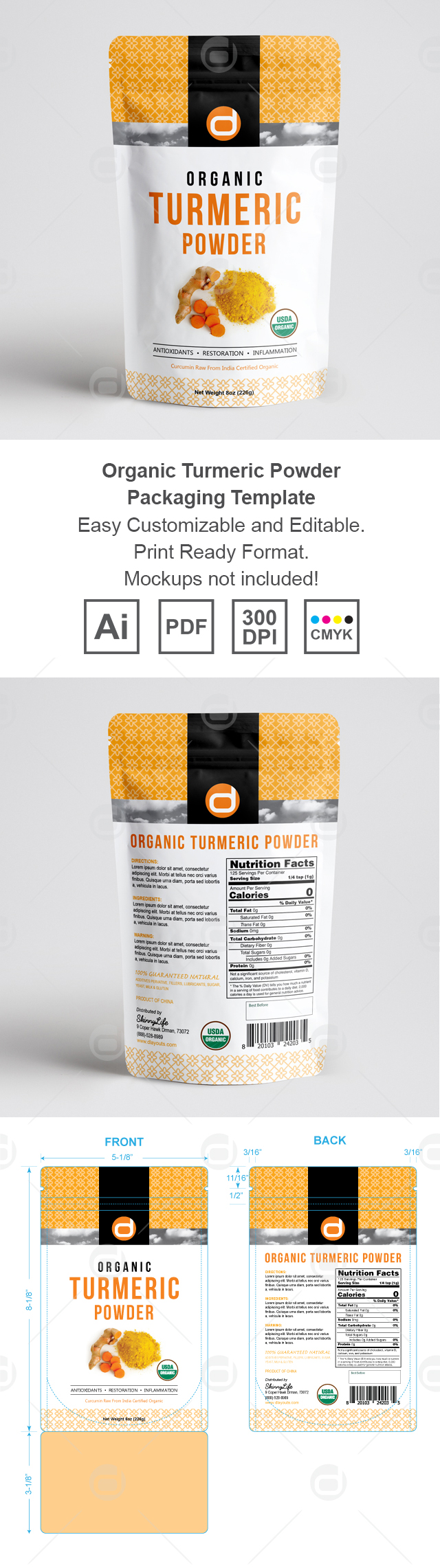 Organic Turmeric Curcumin Powder Packaging Template