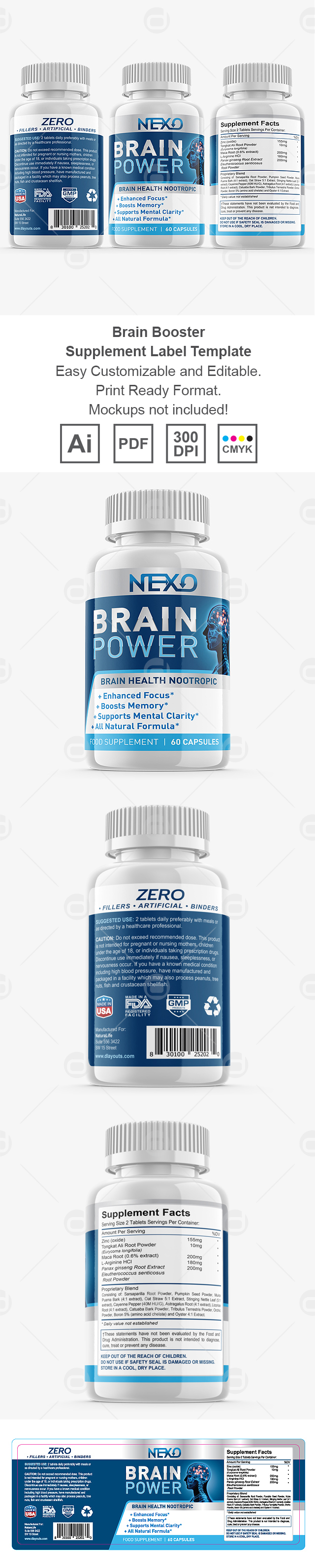 Brain Extract Label Brain Booster Supplement Label Template Design