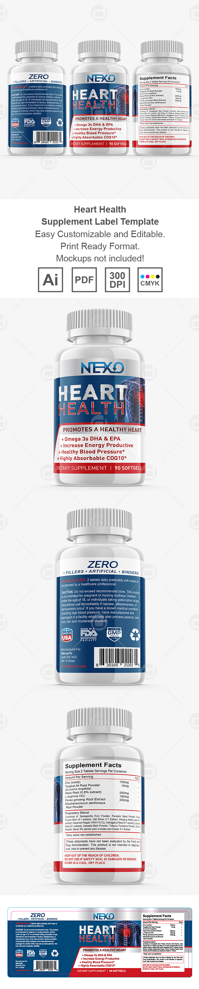 Health Kit Label Text Heart Health Supplement Label Template Design
