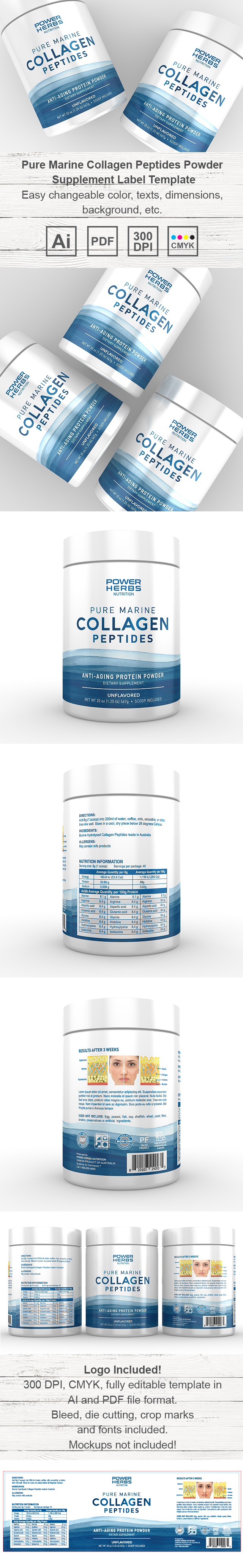 Marine Collagen Peptides Powder Supplement Label Template