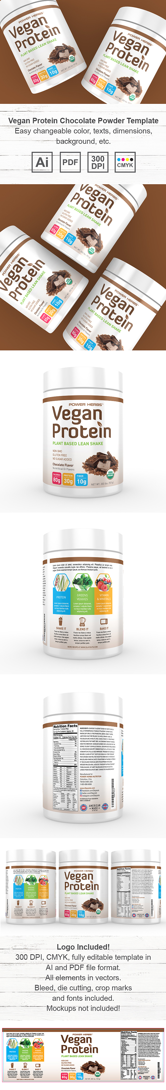 Vegan Protein Chocolate Powder Supplement Label Template