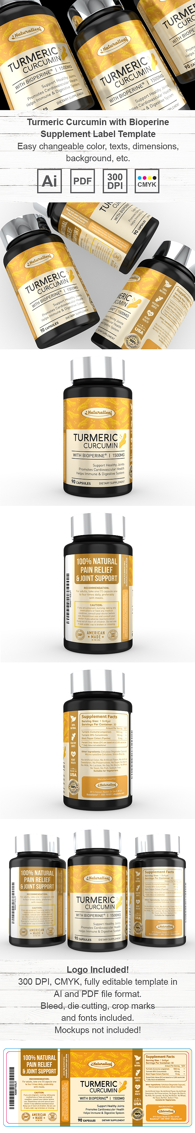 Turmeric Curcumin with Bioperine Supplement Label Template