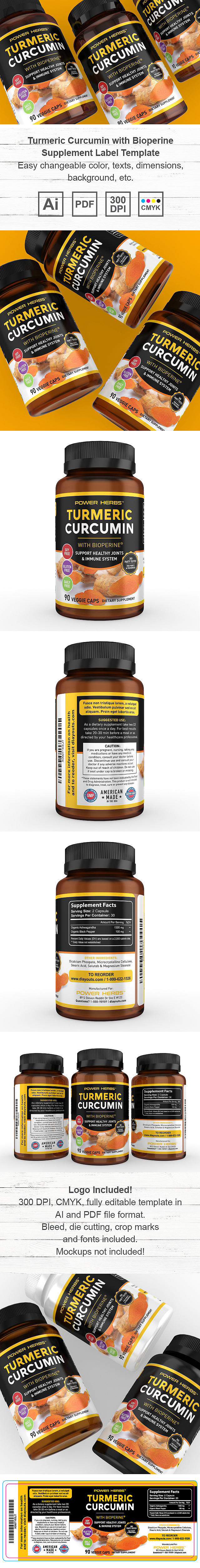 Turmeric Curcumin with Bioperine Supplement Label Template