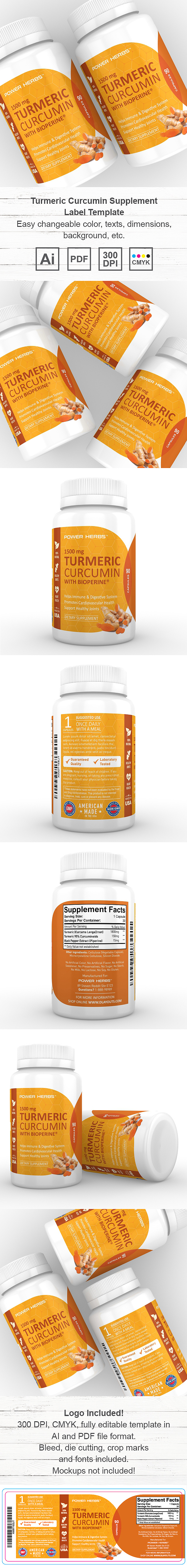 Turmeric Curcumin with Bioperine Supplement Label Template