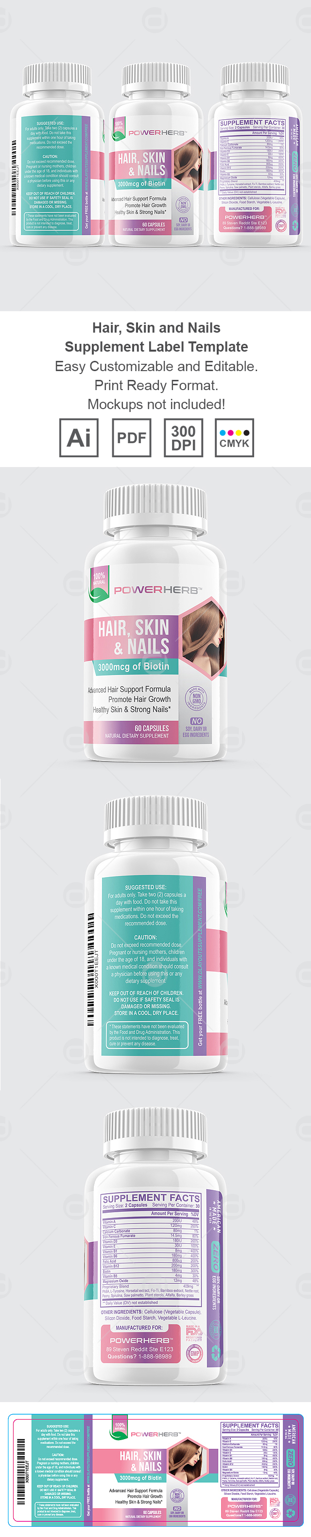 Hair, Skin and Nails Supplement Label Template