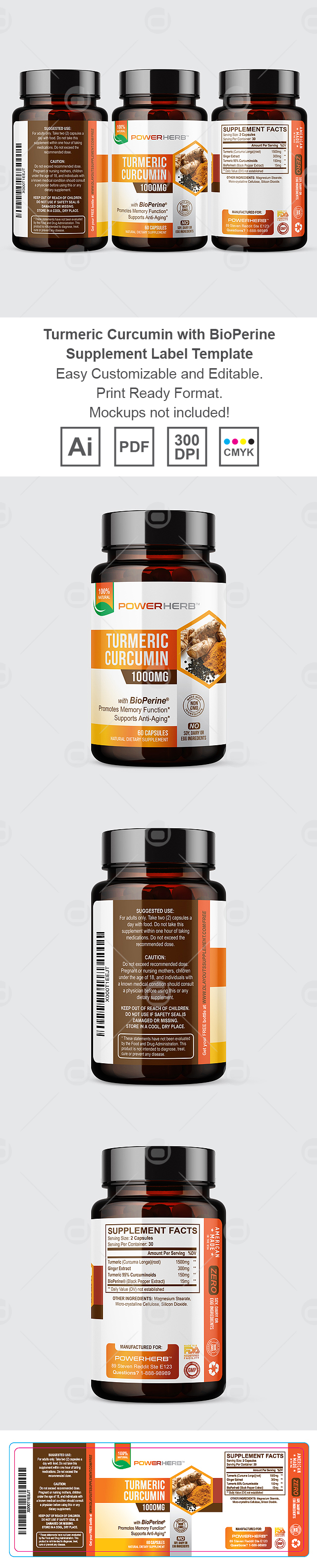 Turmeric Curcumin with BioPerine Supplement Label Template