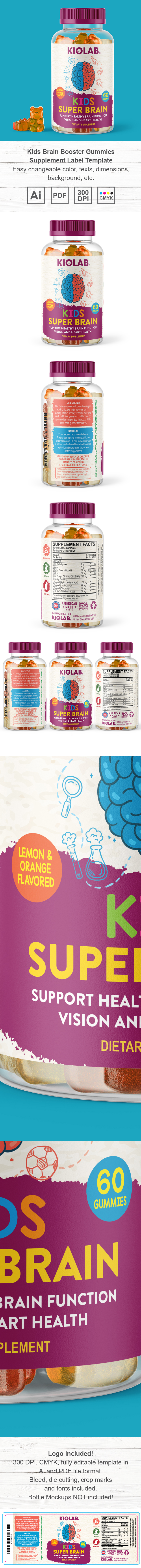 Kids Brain Booster Gummies Supplement Label Template