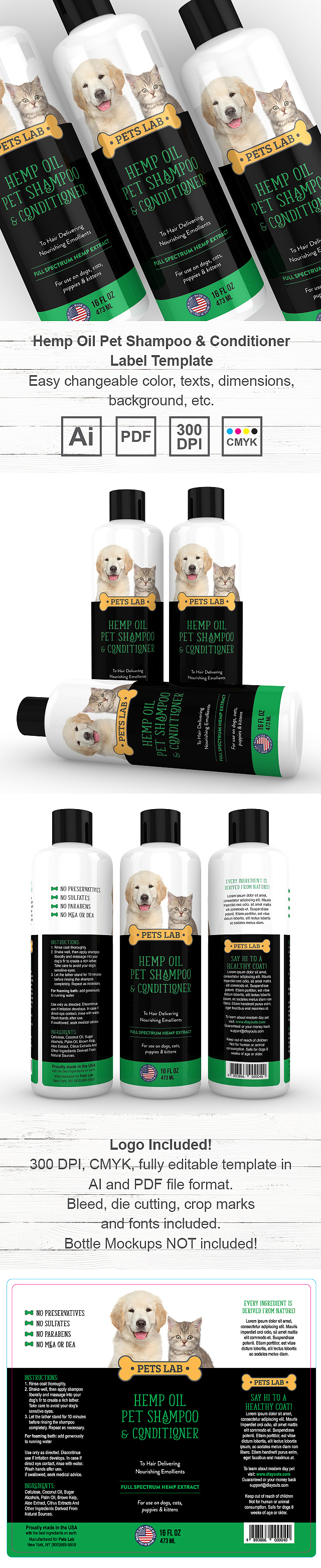 Hemp Oil Pet Shampoo & Conditioner Label Template
