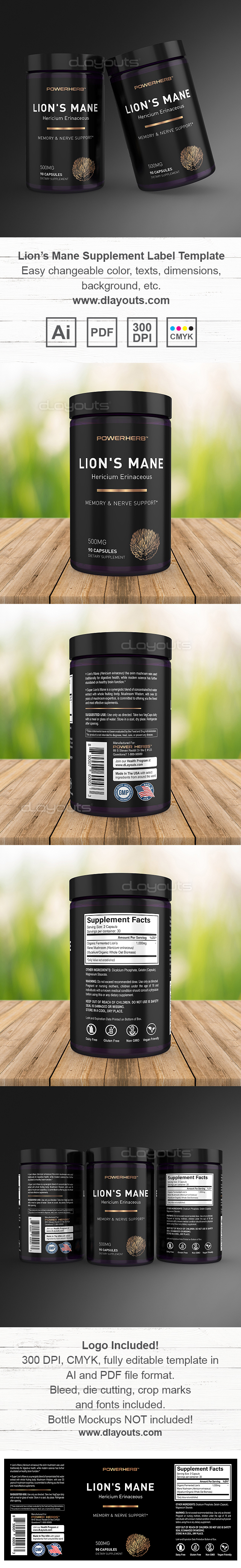 Lion's Mane Mushroom Supplement Label Template