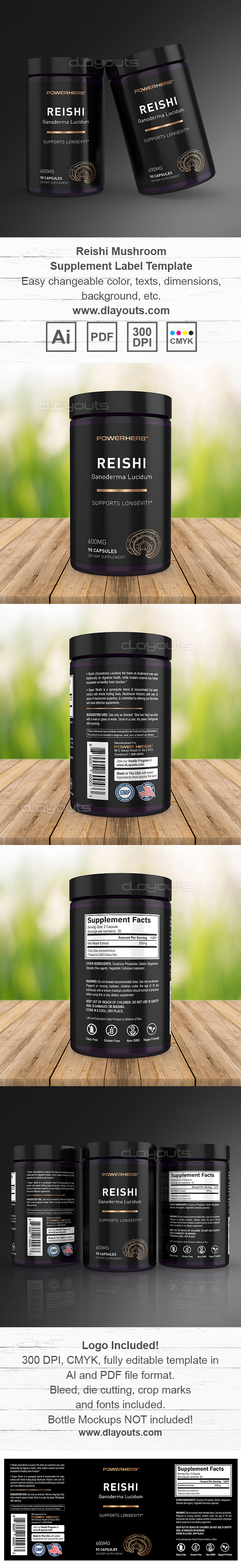 Reishi Mushroom Supplement Label Template