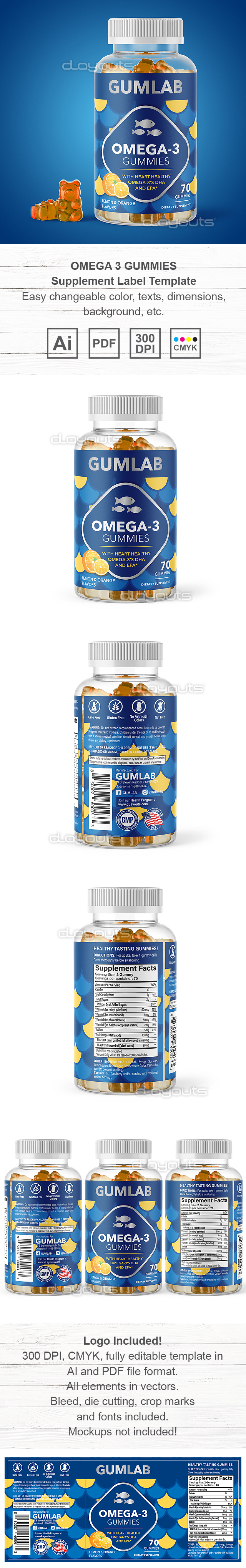 Omega 3 Gummies Supplement Label Template