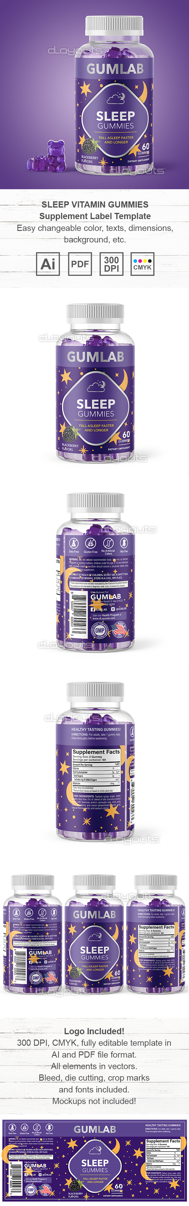 Sleep Vitamin Gummies Supplement Label Template