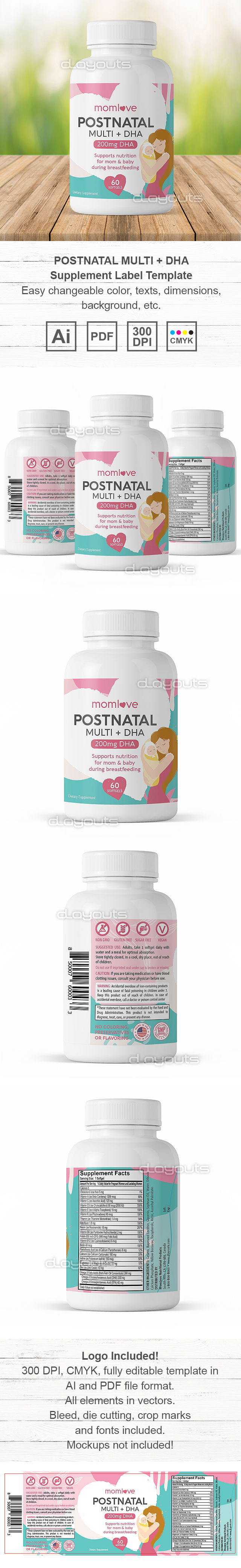 Postnatal Multi + DHA Supplement Label Template