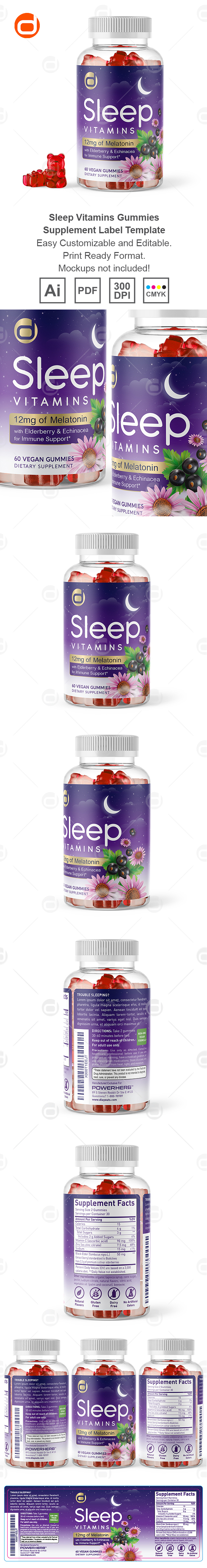 Sleep Vitamins Gummies Supplement Label Template
