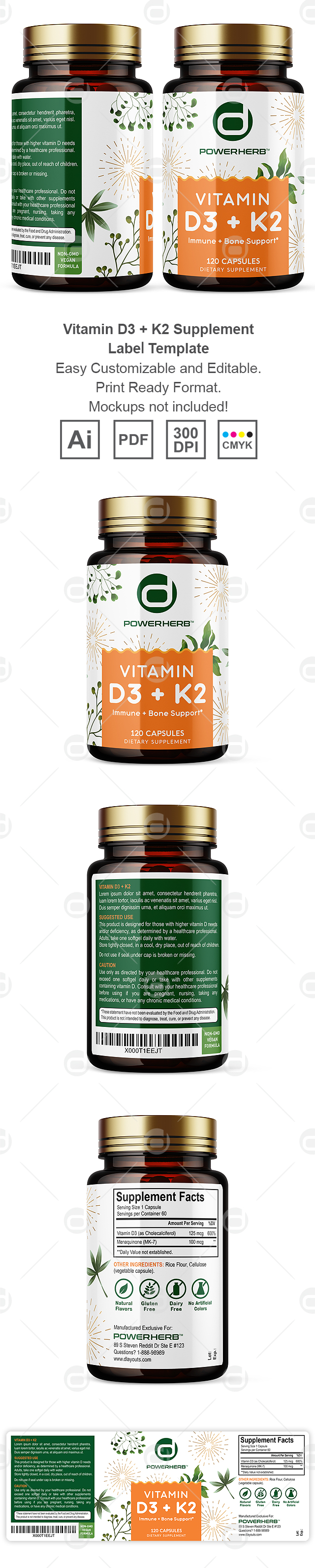Vitamin D3 + K2 Supplement Label Template