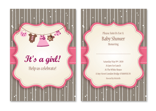 Baby Girl Shower Invitations Note Card Template